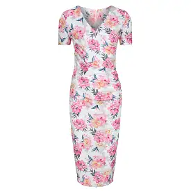 White Pink Floral Print Short Sleeve Summer Bodycon Wiggle Dress