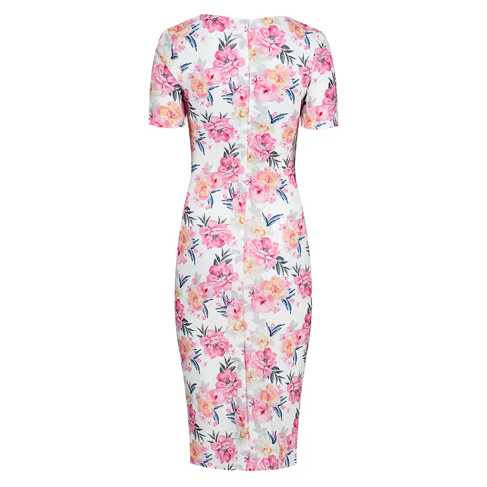 White Pink Floral Print Short Sleeve Summer Bodycon Wiggle Dress