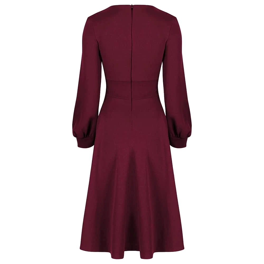 Wine Red Long Sleeve A Line Vintage Crossover Tea Swing Dress