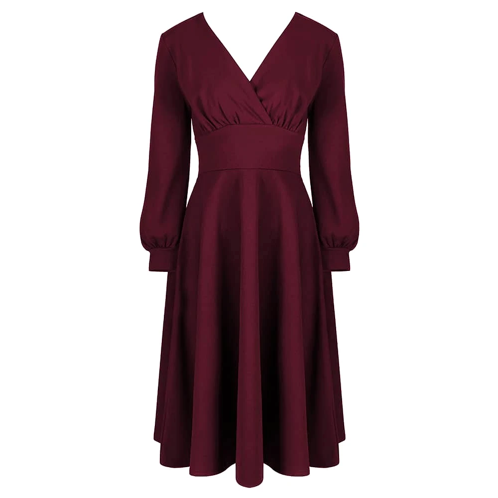 Wine Red Long Sleeve A Line Vintage Crossover Tea Swing Dress