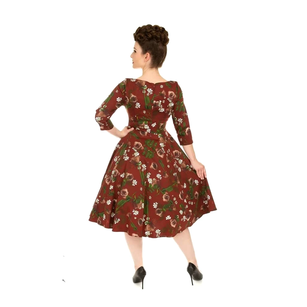 Wine Red Maroon Autumn Rose Print 3/4 Sleeve Retro Chic Dress