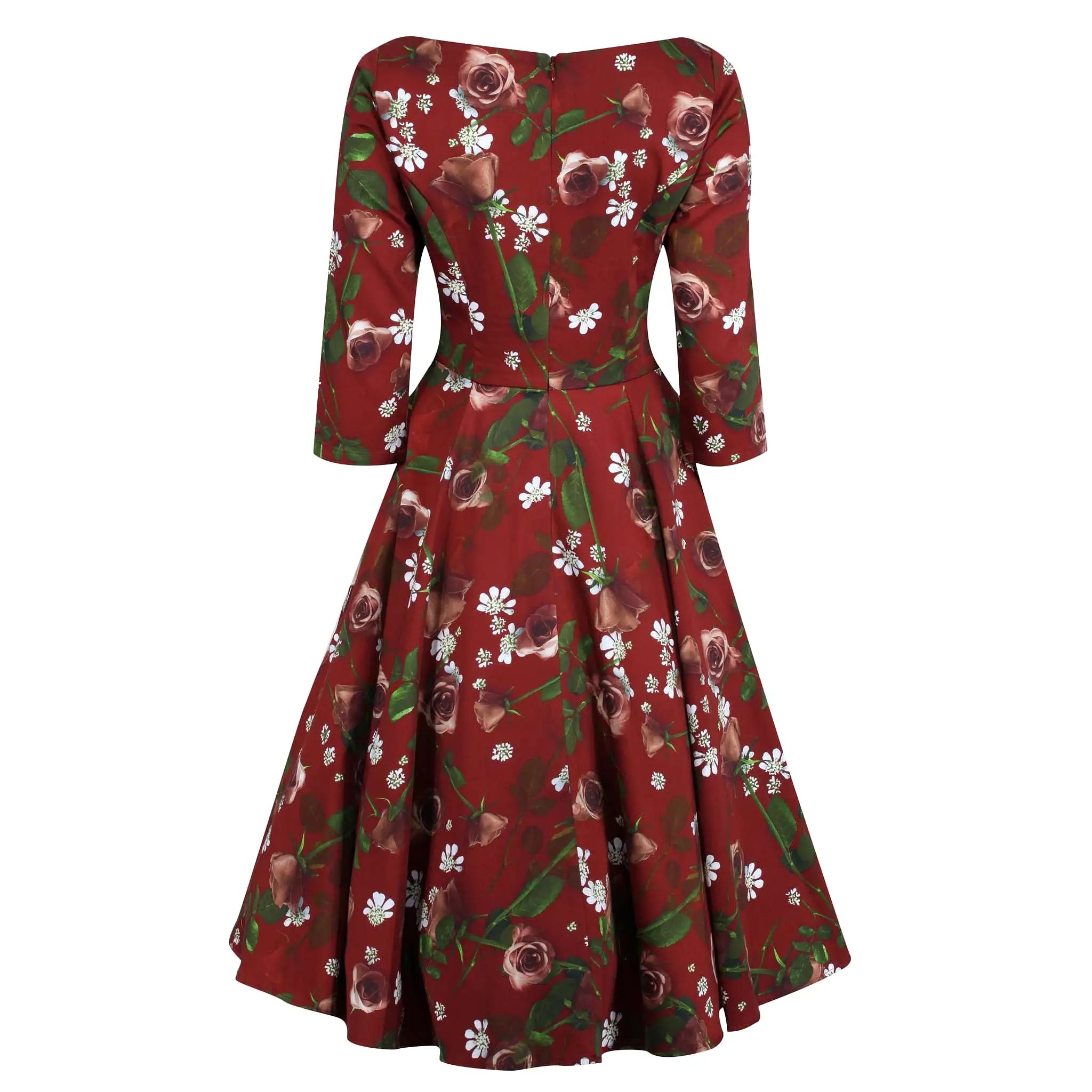 Wine Red Maroon Autumn Rose Print 3/4 Sleeve Retro Chic Dress