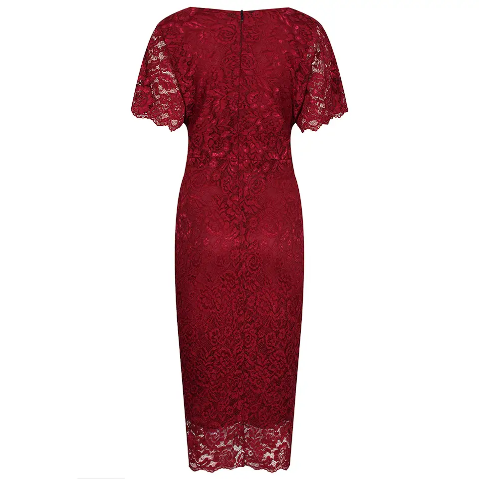 Wine Red Vintage Capped Sleeve Rose Lace Pencil Wiggle Dress