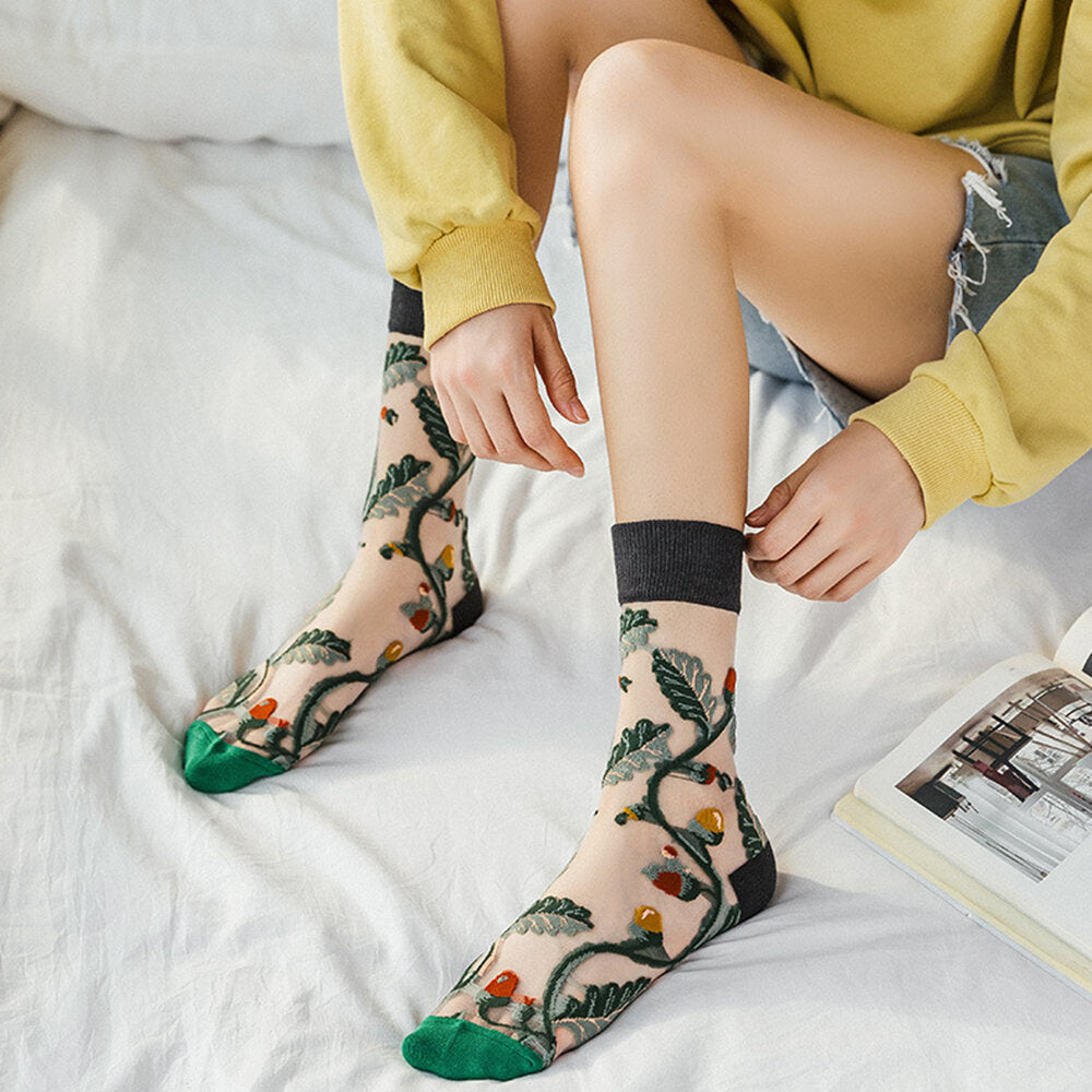 Women Ultra-Thin Cotton Sunflower Vine Flower Breathable Absorbent Tube Socks