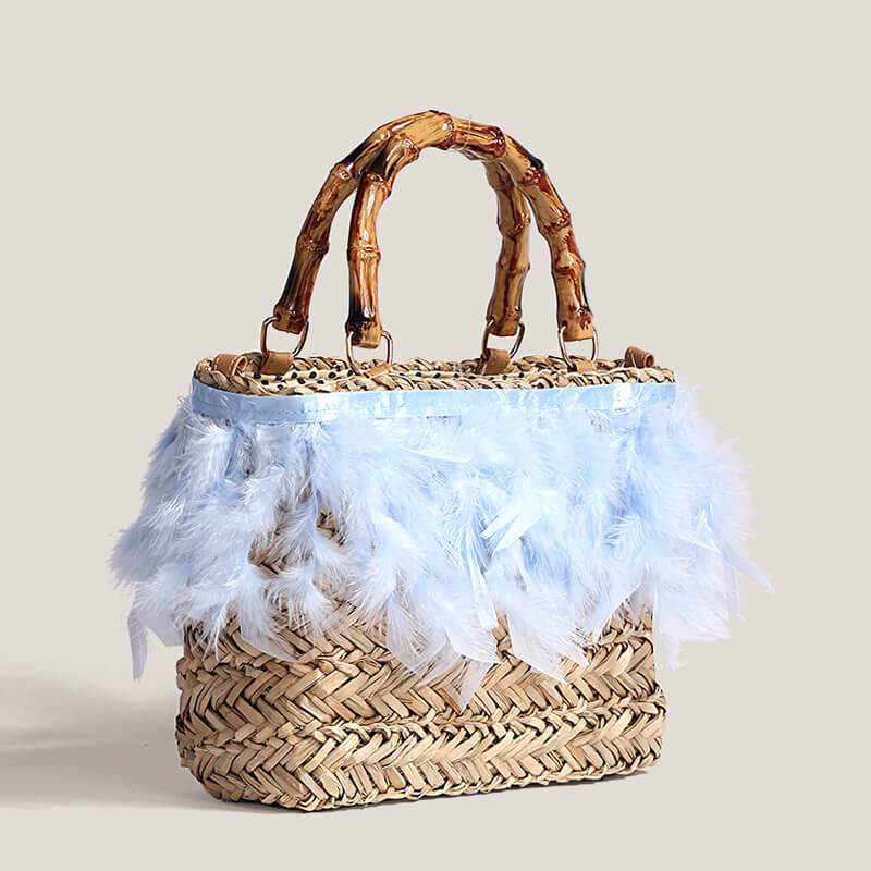 Women's Straw Bag Fashion Faux Feather Rattan Handbag