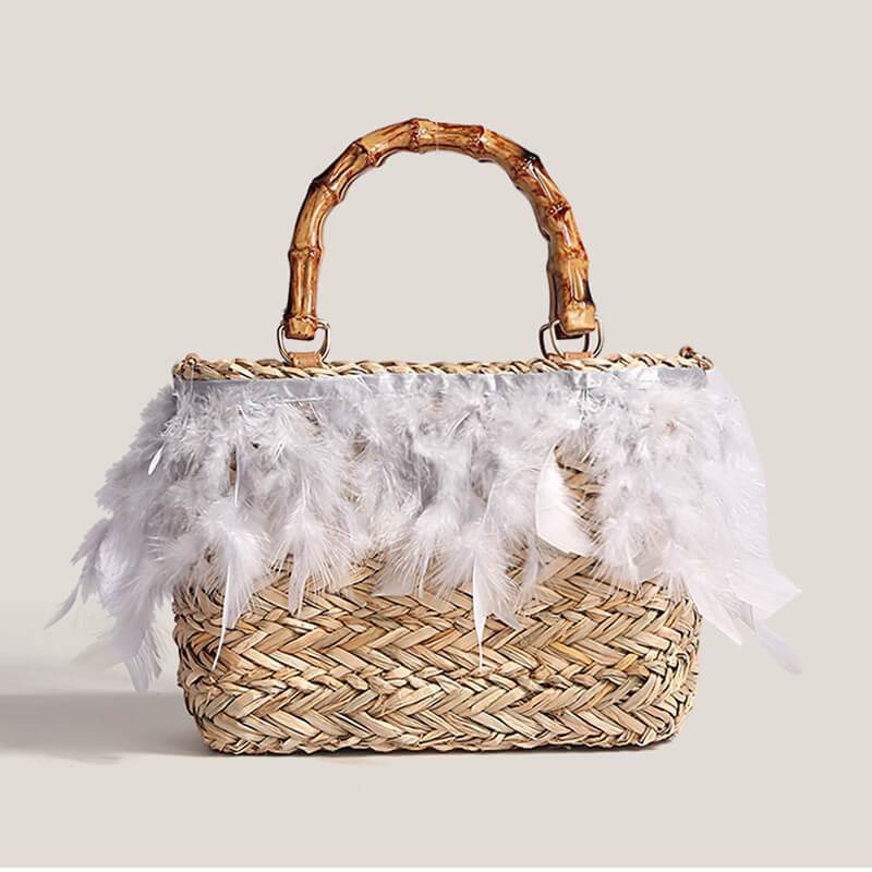 Women's Straw Bag Fashion Faux Feather Rattan Handbag