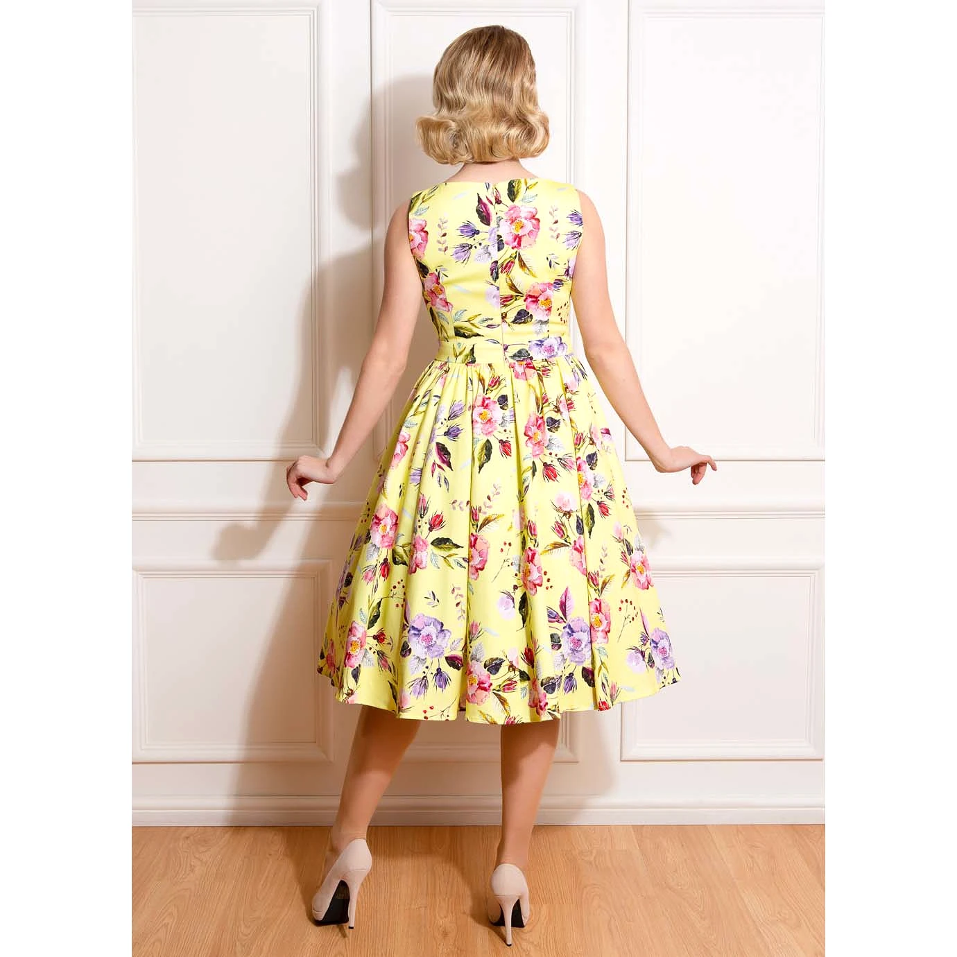 Yellow Floral Audrey Rockabilly 50s Swing Dress